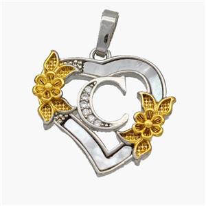 Copper Heart Pendant Pave Shell Zirconia Letter-C Platinum Plated 18K Gold Flower, approx 20mm [FN48446]