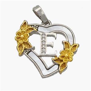 Copper Heart Pendant Pave Shell Zirconia Letter-E Platinum Plated 18K Gold Flower, approx 20mm [FN48448]