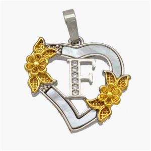 Copper Heart Pendant Pave Shell Zirconia Letter-F Platinum Plated 18K Gold Flower, approx 20mm [FN48449]