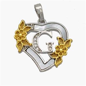 Copper Heart Pendant Pave Shell Zirconia Letter-G Platinum Plated 18K Gold Flower, approx 20mm [FN48450]