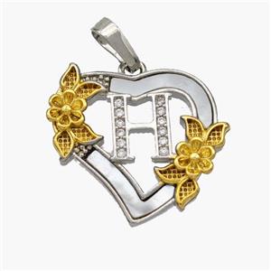 Copper Heart Pendant Pave Shell Zirconia Letter-H Platinum Plated 18K Gold Flower, approx 20mm [FN48451]