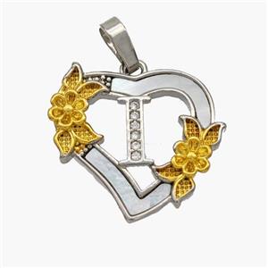 Copper Heart Pendant Pave Shell Zirconia Letter-I Platinum Plated 18K Gold Flower, approx 20mm [FN48452]