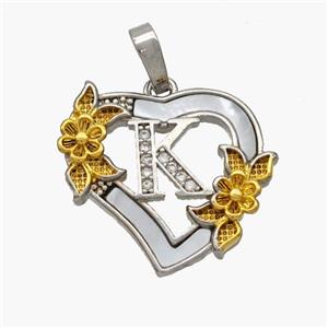 Copper Heart Pendant Pave Shell Zirconia Letter-K Platinum Plated 18K Gold Flower, approx 20mm [FN48454]