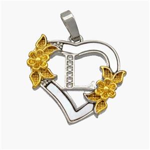 Copper Heart Pendant Pave Shell Zirconia Letter-L Platinum Plated 18K Gold Flower, approx 20mm [FN48455]