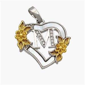 Copper Heart Pendant Pave Shell Zirconia Letter-M Platinum Plated 18K Gold Flower, approx 20mm [FN48456]