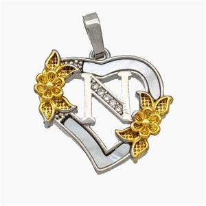 Copper Heart Pendant Pave Shell Zirconia Letter-N Platinum Plated 18K Gold Flower, approx 20mm [FN48457]