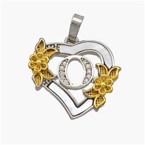 Copper Heart Pendant Pave Shell Zirconia Letter-O Platinum Plated 18K Gold Flower, approx 20mm [FN48458]