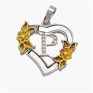 Copper Heart Pendant Pave Shell Zirconia Letter-P Platinum Plated 18K Gold Flower, approx 20mm [FN48459]