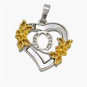 Copper Heart Pendant Pave Shell Zirconia Letter-Q Platinum Plated 18K Gold Flower, approx 20mm [FN48460]