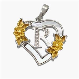 Copper Heart Pendant Pave Shell Zirconia Letter-R Platinum Plated 18K Gold Flower, approx 20mm [FN48461]
