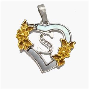 Copper Heart Pendant Pave Shell Zirconia Letter-S Platinum Plated 18K Gold Flower, approx 20mm [FN48462]