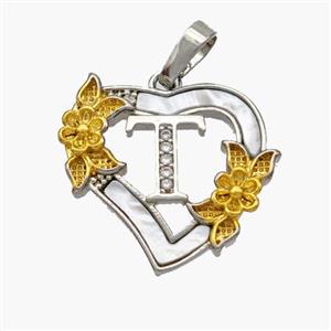 Copper Heart Pendant Pave Shell Zirconia Letter-T Platinum Plated 18K Gold Flower, approx 20mm [FN48463]