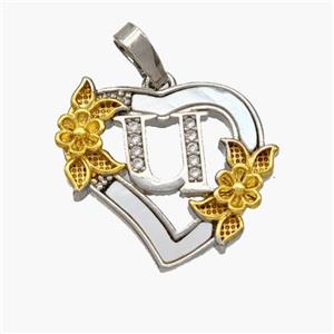 Copper Heart Pendant Pave Shell Zirconia Letter-U Platinum Plated 18K Gold Flower, approx 20mm [FN48464]