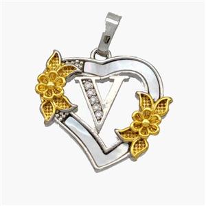Copper Heart Pendant Pave Shell Zirconia Letter-V Platinum Plated 18K Gold Flower, approx 20mm [FN48465]