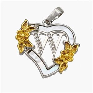 Copper Heart Pendant Pave Shell Zirconia Letter-W Platinum Plated 18K Gold Flower, approx 20mm [FN48466]