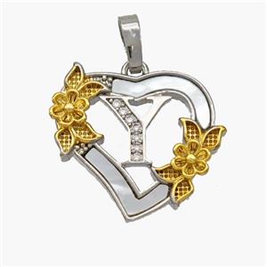 Copper Heart Pendant Pave Shell Zirconia Letter-Y Platinum Plated 18K Gold Flower, approx 20mm [FN48468]