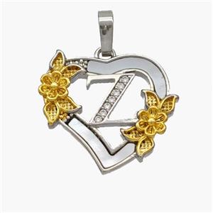 Copper Heart Pendant Pave Shell Zirconia Letter-Z Platinum Plated 18K Gold Flower, approx 20mm [FN48469]