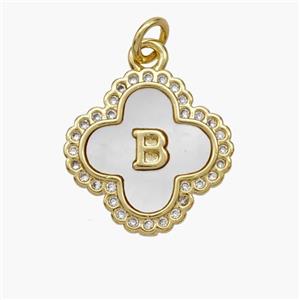 Copper Clover Pendant Pave Shell Zirconia Letter-B 18K Gold Plated, approx 17.5mm [FN48472]