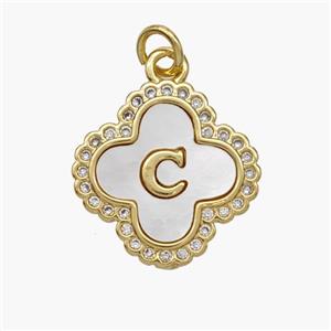 Copper Clover Pendant Pave Shell Zirconia Letter-C 18K Gold Plated, approx 17.5mm [FN48473]