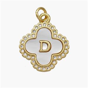 Copper Clover Pendant Pave Shell Zirconia Letter-D 18K Gold Plated, approx 17.5mm [FN48474]