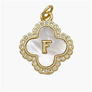Copper Clover Pendant Pave Shell Zirconia Letter-F 18K Gold Plated, approx 17.5mm [FN48476]