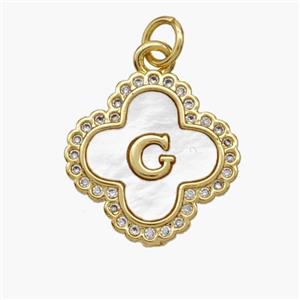 Copper Clover Pendant Pave Shell Zirconia Letter-G 18K Gold Plated, approx 17.5mm [FN48477]