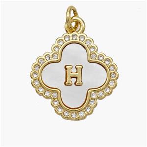 Copper Clover Pendant Pave Shell Zirconia Letter-H 18K Gold Plated, approx 17.5mm [FN48478]