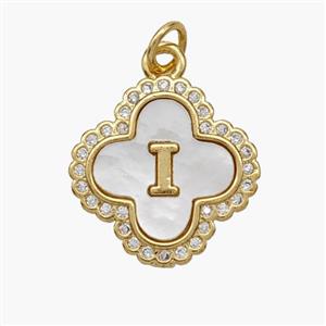 Copper Clover Pendant Pave Shell Zirconia Letter-I 18K Gold Plated, approx 17.5mm [FN48479]