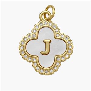 Copper Clover Pendant Pave Shell Zirconia Letter-J 18K Gold Plated, approx 17.5mm [FN48480]