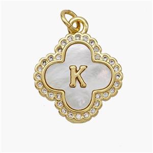 Copper Clover Pendant Pave Shell Zirconia Letter-K 18K Gold Plated, approx 17.5mm [FN48481]