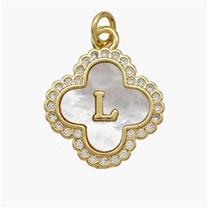 Copper Clover Pendant Pave Shell Zirconia Letter-L 18K Gold Plated, approx 17.5mm [FN48482]