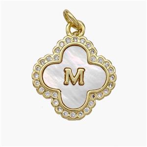 Copper Clover Pendant Pave Shell Zirconia Letter-M 18K Gold Plated, approx 17.5mm [FN48483]