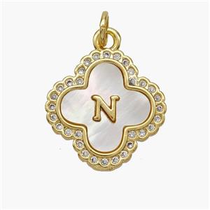 Copper Clover Pendant Pave Shell Zirconia Letter-N 18K Gold Plated, approx 17.5mm [FN48484]