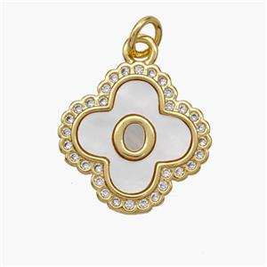 Copper Clover Pendant Pave Shell Zirconia Letter-O 18K Gold Plated, approx 17.5mm [FN48485]