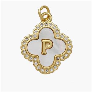 Copper Clover Pendant Pave Shell Zirconia Letter-P 18K Gold Plated, approx 17.5mm [FN48486]