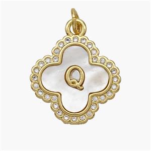 Copper Clover Pendant Pave Shell Zirconia Letter-Q 18K Gold Plated, approx 17.5mm [FN48487]