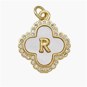 Copper Clover Pendant Pave Shell Zirconia Letter-R 18K Gold Plated, approx 17.5mm [FN48488]