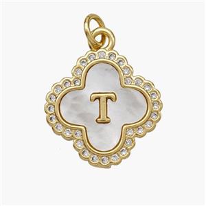 Copper Clover Pendant Pave Shell Zirconia Letter-T 18K Gold Plated, approx 17.5mm [FN48490]