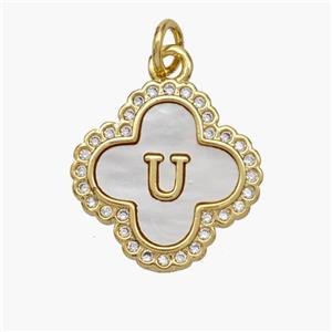 Copper Clover Pendant Pave Shell Zirconia Letter-U 18K Gold Plated, approx 17.5mm [FN48491]