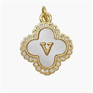 Copper Clover Pendant Pave Shell Zirconia Letter-V 18K Gold Plated, approx 17.5mm [FN48492]
