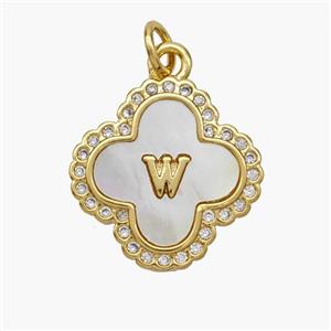 Copper Clover Pendant Pave Shell Zirconia Letter-W 18K Gold Plated, approx 17.5mm [FN48493]