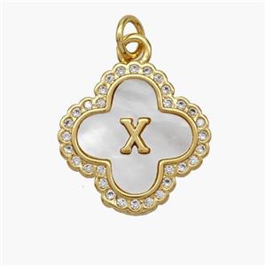 Copper Clover Pendant Pave Shell Zirconia Letter-X 18K Gold Plated, approx 17.5mm [FN48494]