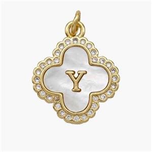 Copper Clover Pendant Pave Shell Zirconia Letter-Y 18K Gold Plated, approx 17.5mm [FN48495]