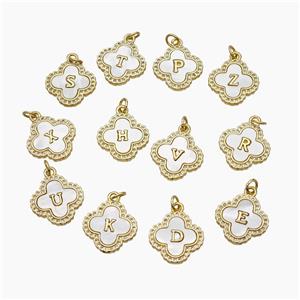 Copper Clover Letter Pendant Pave Shell Zirconia Alphabet 18K Gold Plated Mixed, approx 17.5mm [FN48497]