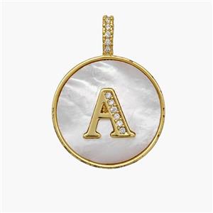 Copper Letter-A Pendant Pave Shell Zirconia Circle 18K Gold Plated, approx 18mm [FN48498]