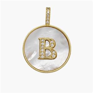 Copper Letter-B Pendant Pave Shell Zirconia Circle 18K Gold Plated, approx 18mm [FN48499]