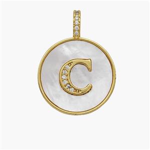 Copper Letter-C Pendant Pave Shell Zirconia Circle 18K Gold Plated, approx 18mm [FN48500]