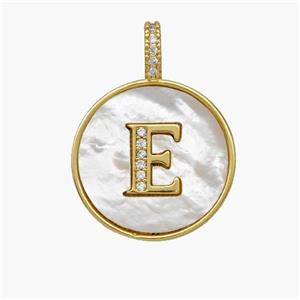 Copper Letter-E Pendant Pave Shell Zirconia Circle 18K Gold Plated, approx 18mm [FN48502]