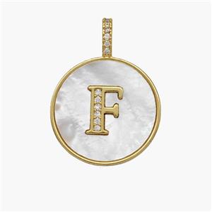 Copper Letter-F Pendant Pave Shell Zirconia Circle 18K Gold Plated, approx 18mm [FN48503]