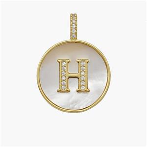 Copper Letter-H Pendant Pave Shell Zirconia Circle 18K Gold Plated, approx 18mm [FN48505]